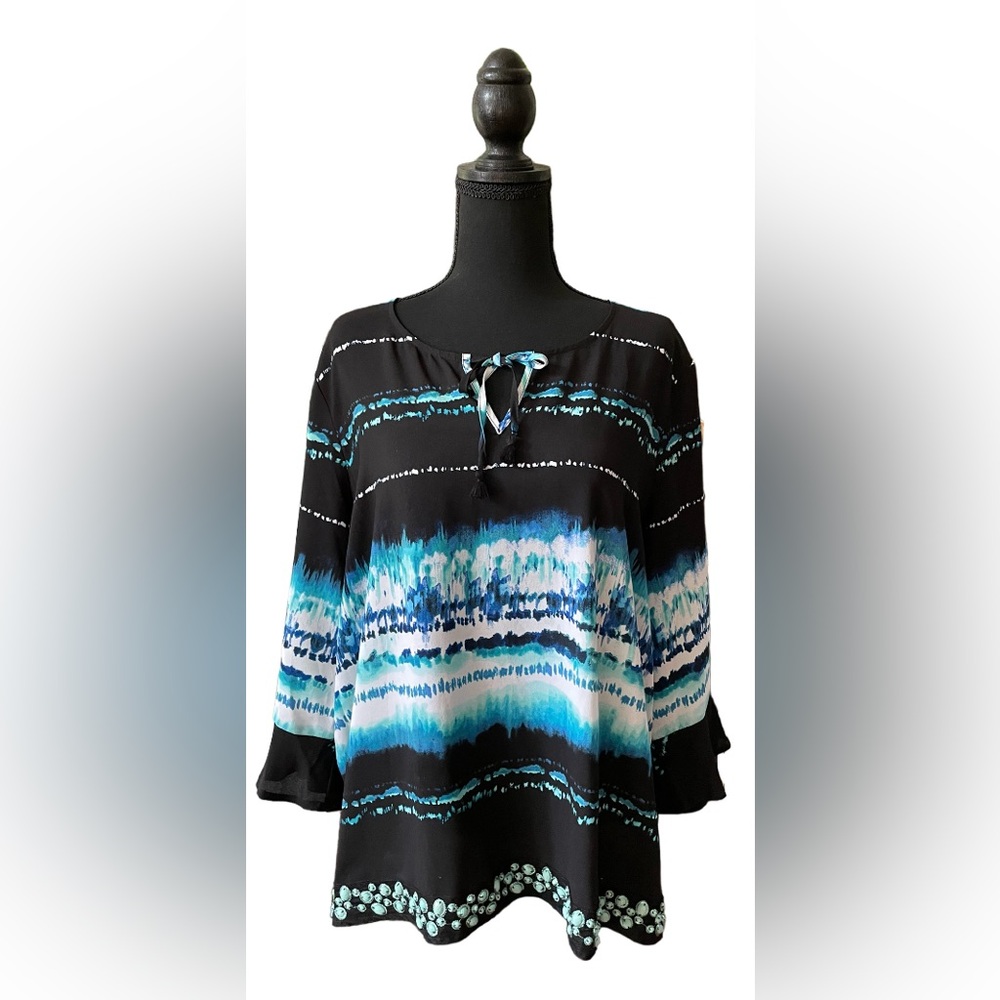 Rafaella: Black, Blue, Green and White Boho Bohemian Beaded Blouse